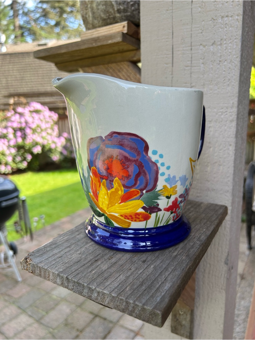 The Pioneer Woman Multicolor Floral Ceramic 4 cup Pitcher with Blue Base